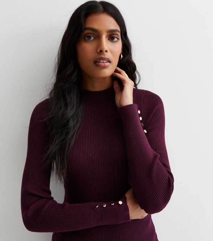 Burgundy Ribbed Knit Button Cuff Bodycon Mini Dress