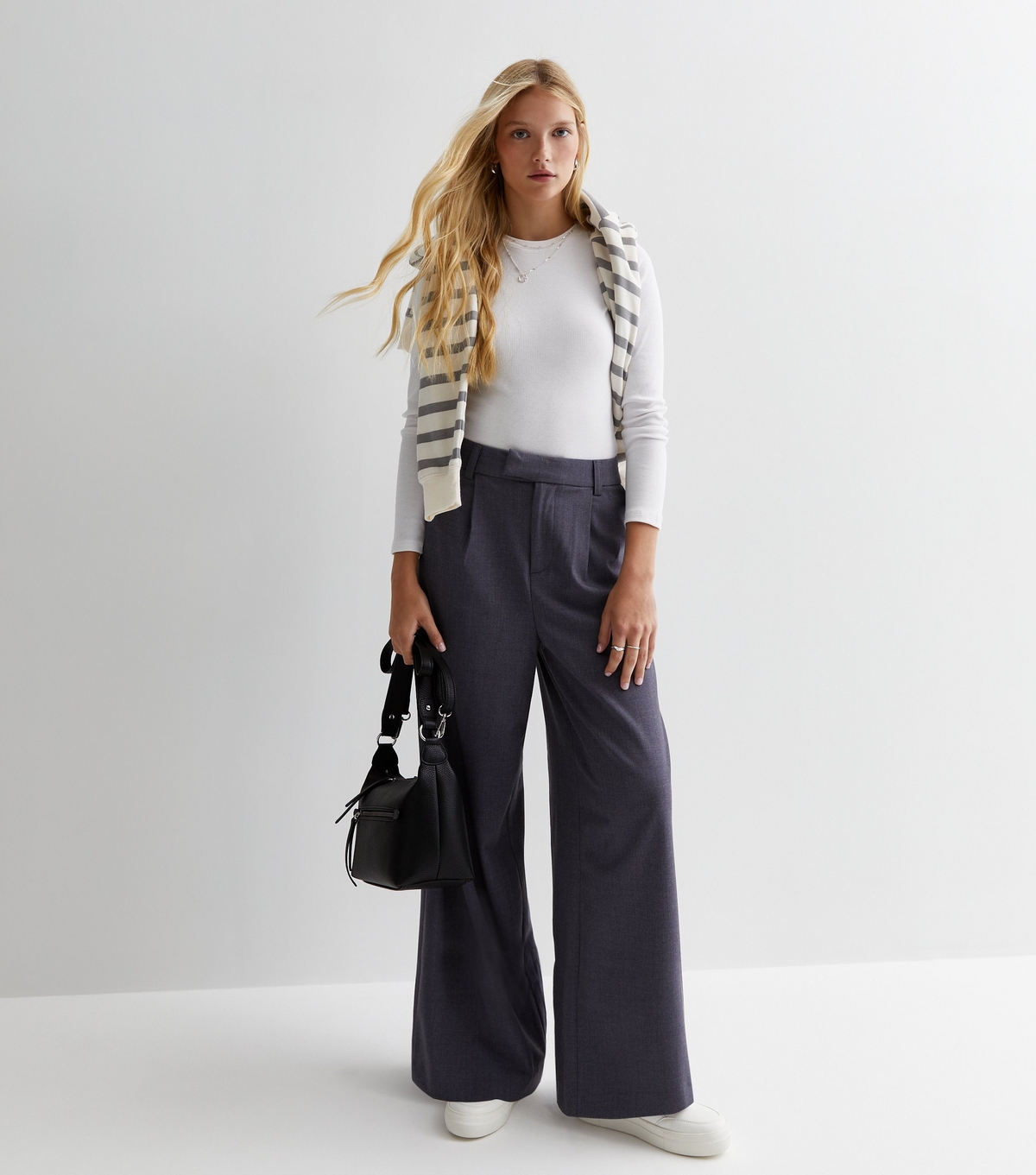 Women's Petite Dark Grey High Waist Wide Leg Trousers New Look