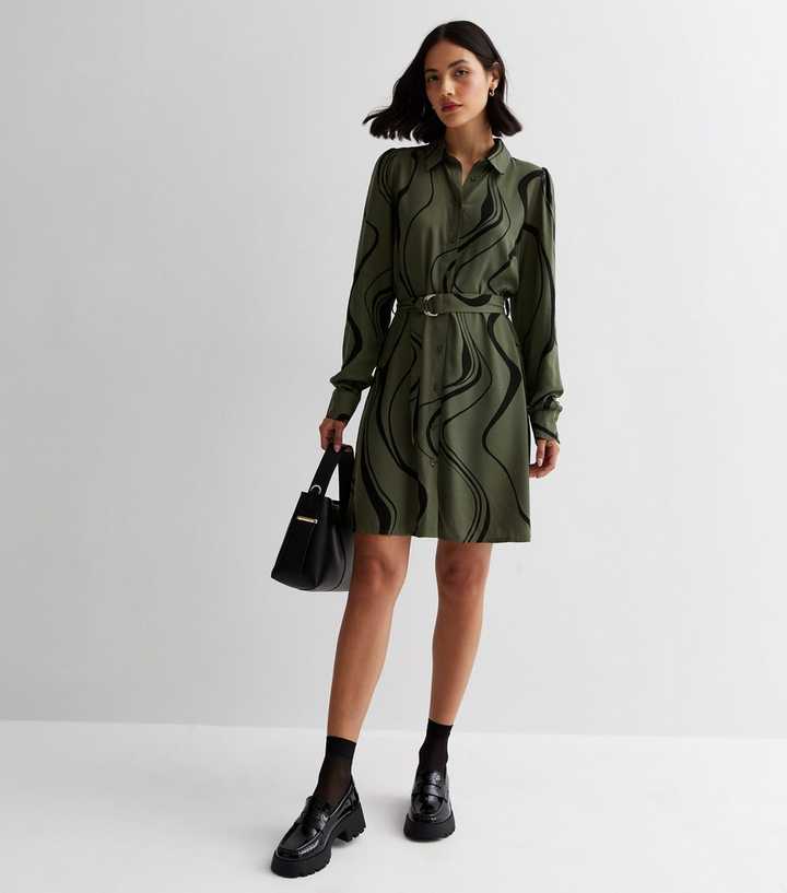 Green Swirl Buckle Belted Mini Shirt Dress