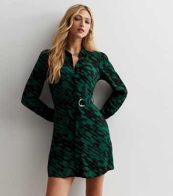 Green Abstract Print Belted Mini Dress