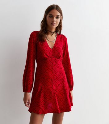 Red Spot V Neck Mini Dress New Look
