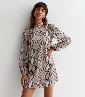 Brown Snake Print High Neck Long Sleeve Mini Dress New Look