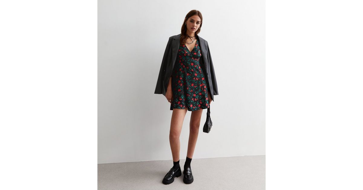Black roses V neck cotton dress 
