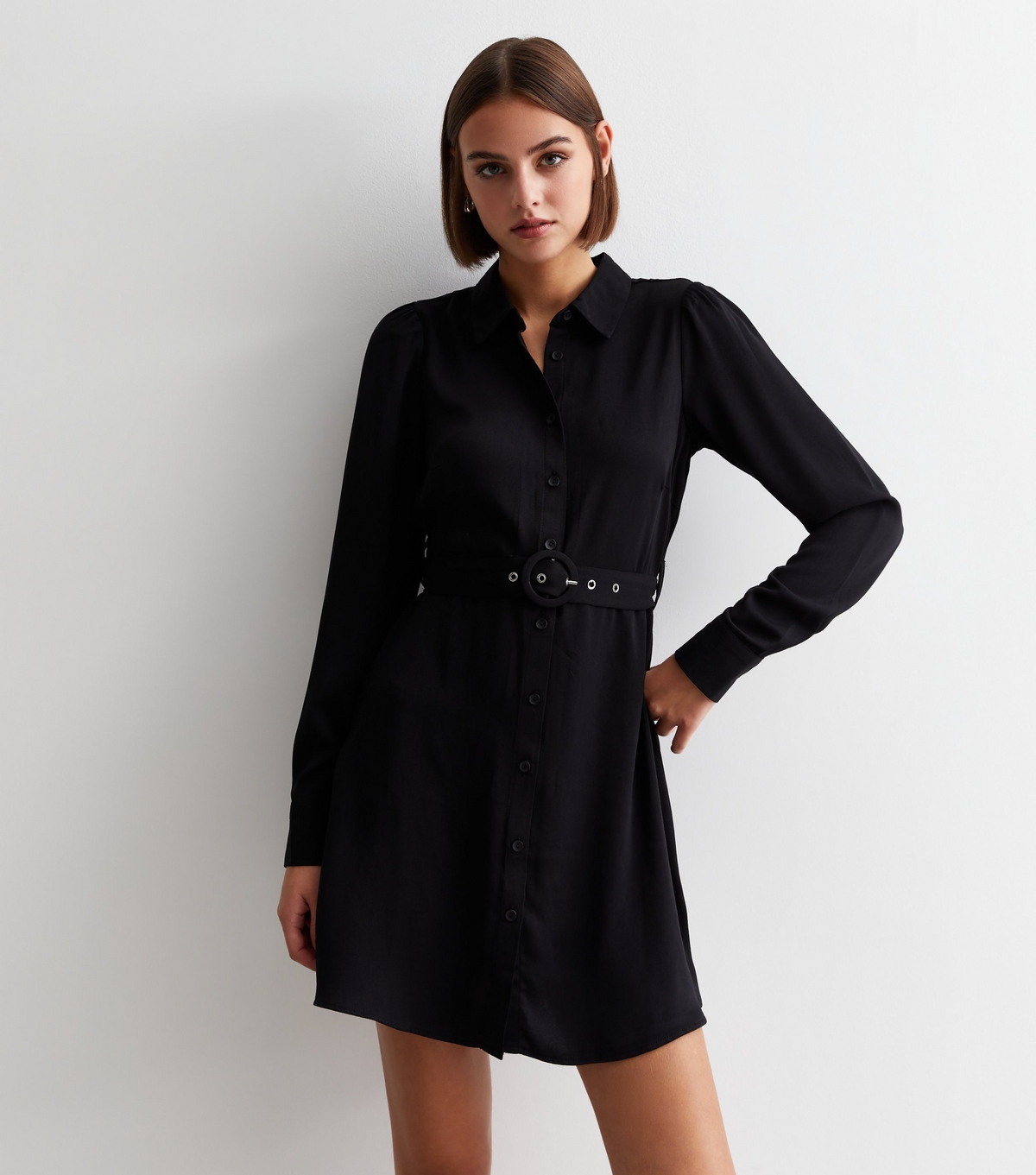 Women's Black Belted Mini Shirt Dress New Look