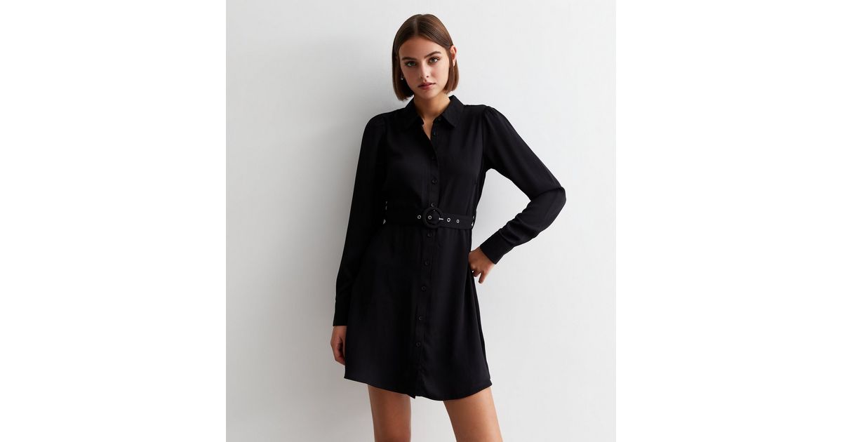 Belted Mini Gabardine Woven Shirt Dress
