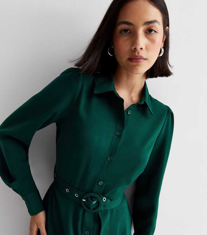 Dark Green Belted Mini Shirt Dress | New Look