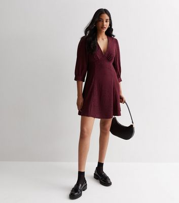 Burgundy Spot Satin Jacquard V Neck Mini Dress