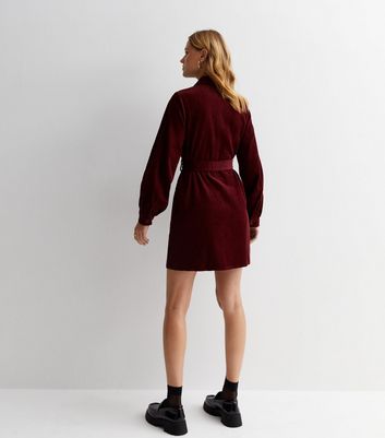 Burgundy Cord Long Sleeve Belted Mini Shirt Dress New Look