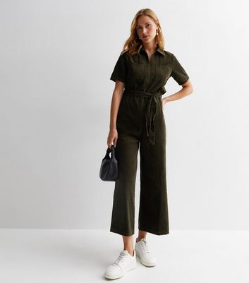 Khaki Cord Belted Wide Leg Jumpsuit New Look