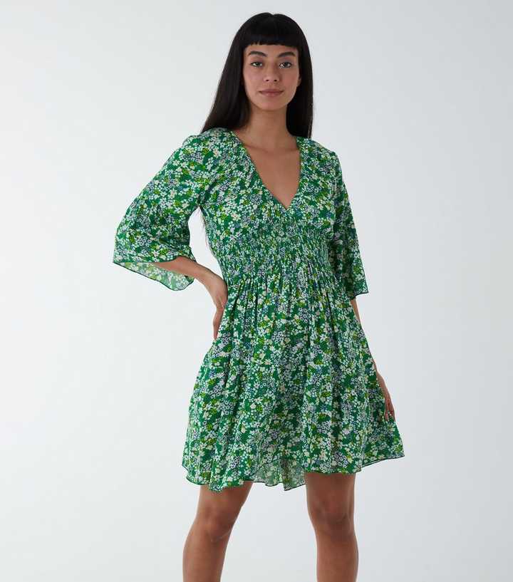 Blue Vanilla Green Floral Shirred Mini Dress