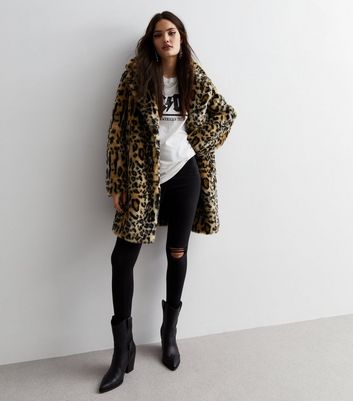 Brown Leopard Print Faux Fur Coat New Look