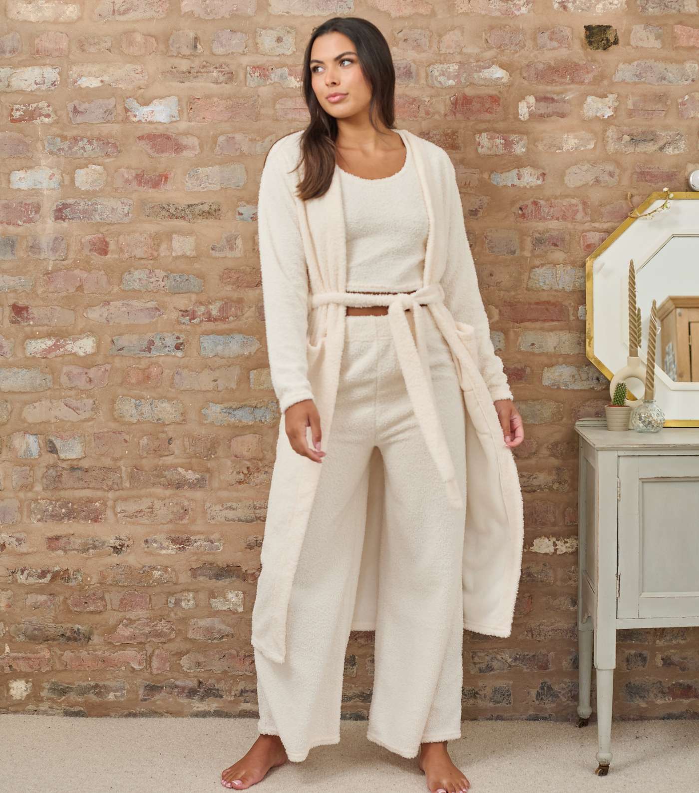Loungeable Cream Soft Fuzzy Belted Longline Cardigan Image 2