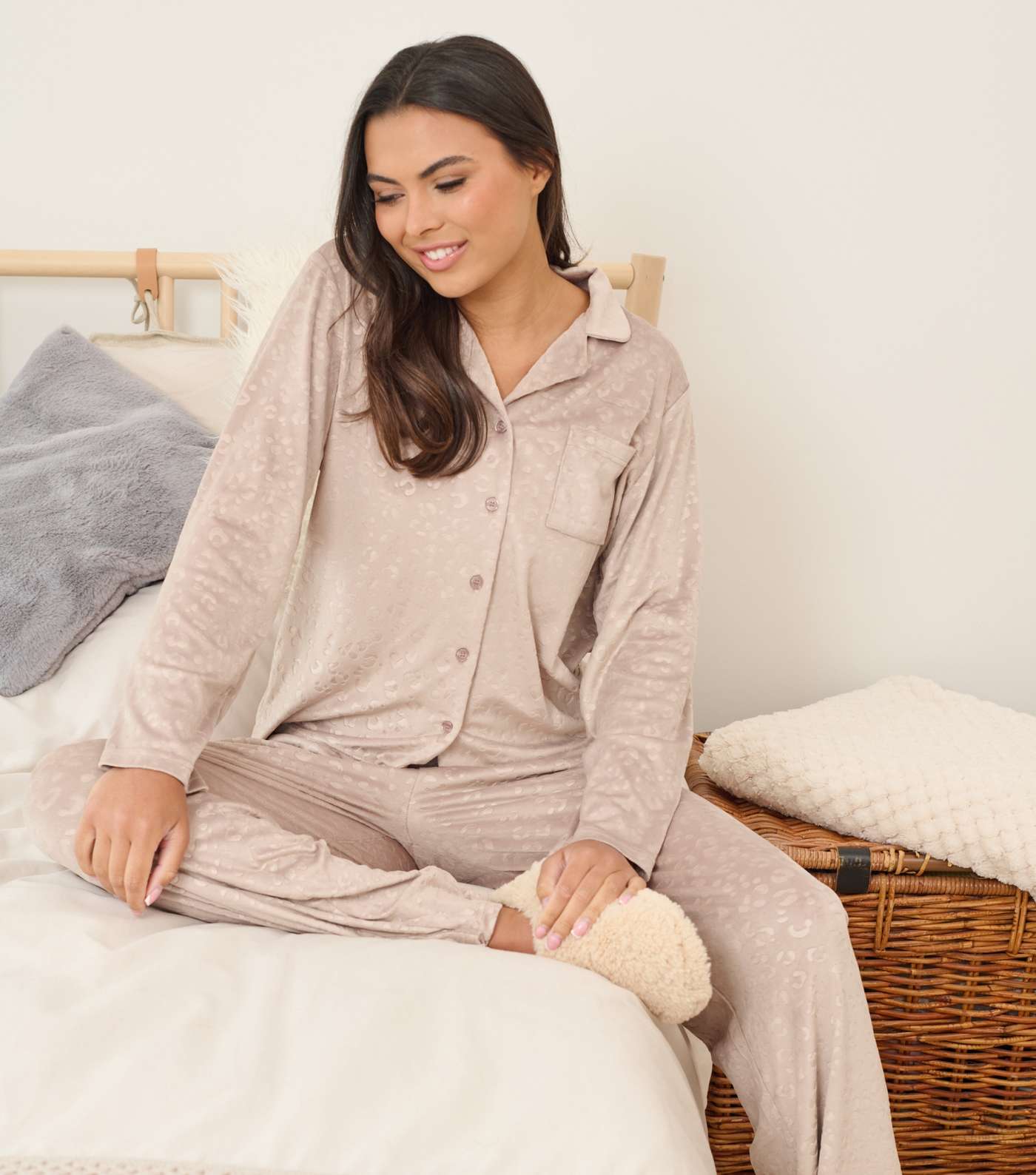 Loungeable Light Brown Velour Trouser Pyjama Set Image 2
