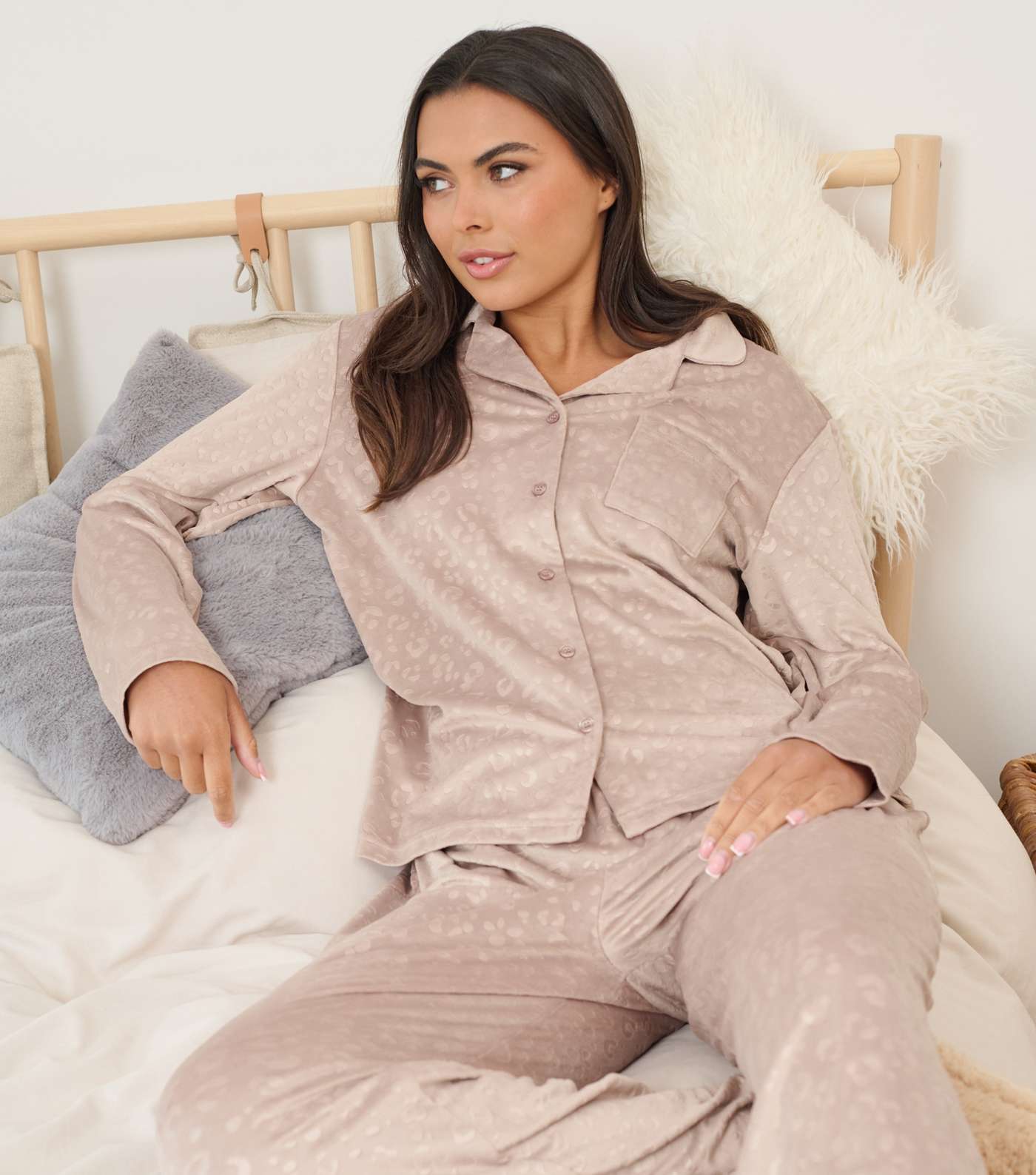 Loungeable Light Brown Velour Trouser Pyjama Set Image 4