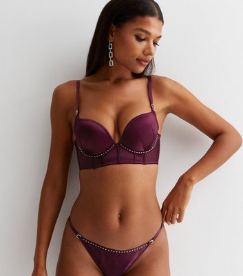 Burgundy Satin Diamanté Longline Push Up Bra