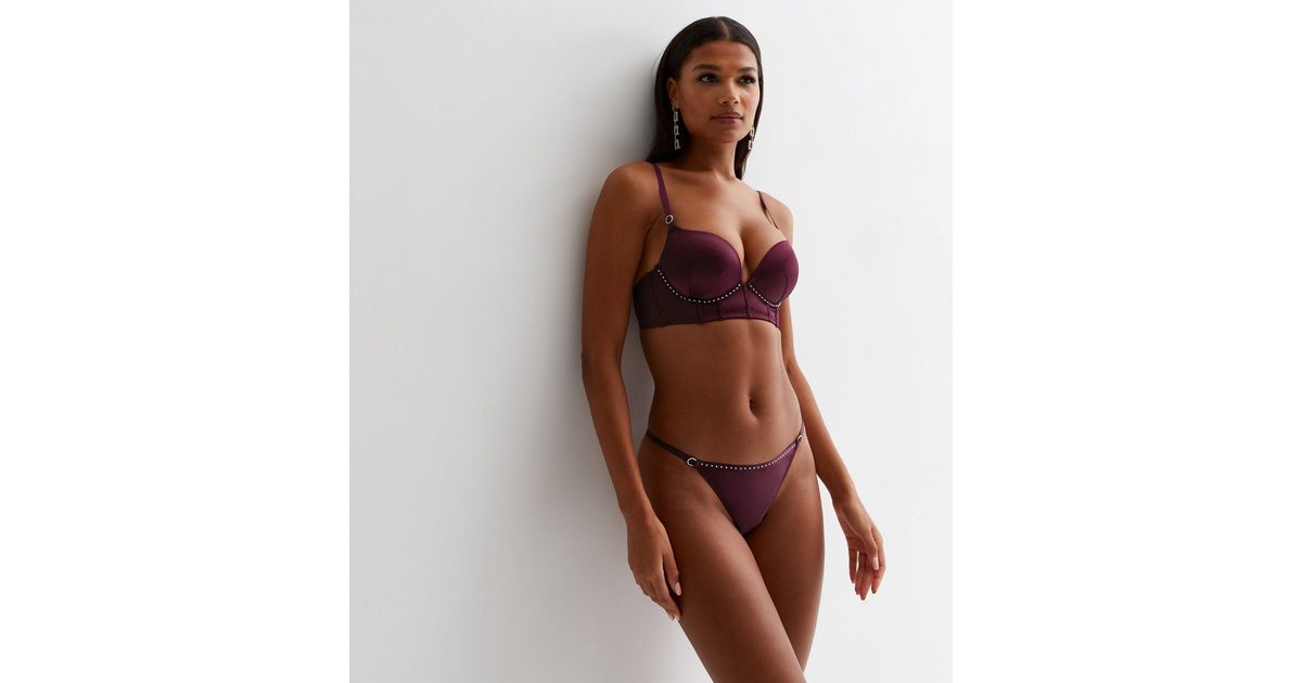 Burgundy Rhinestone Decorated Low-Rise Thong
