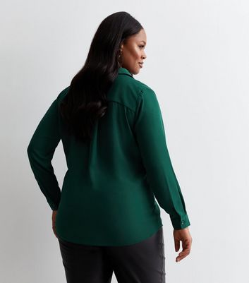 Curves Dark Green Long Sleeve Collared Shirt