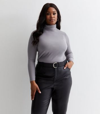 Curves Dark Grey Ribbed Roll Neck Top New Look