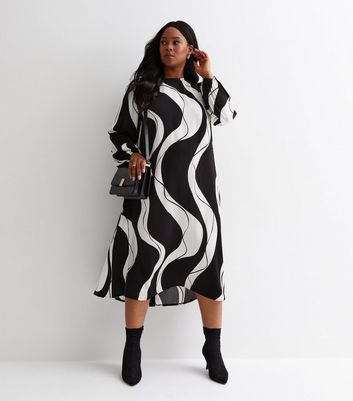 Curves Wave Print Satin Midi Dress New Look