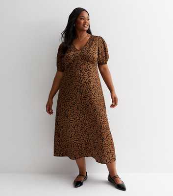 Curves Brown Leopard Print Satin Midi Dress