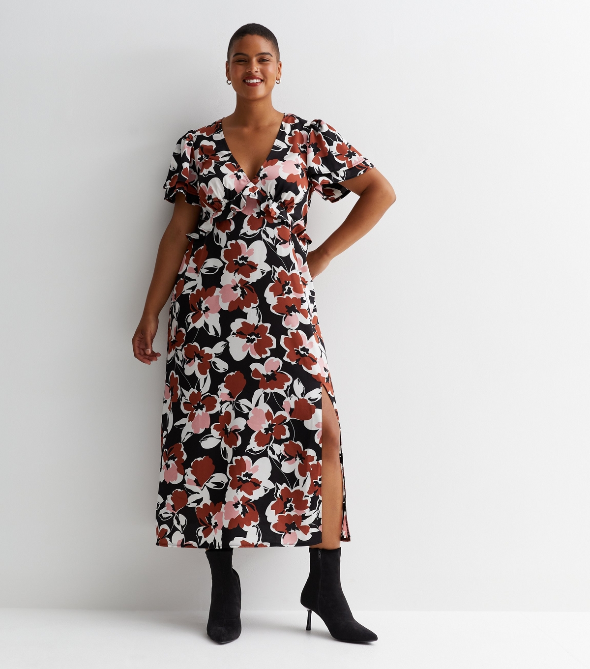 Women's Plus Size Black Floral Satin Frill Midi Dress Curves New Look