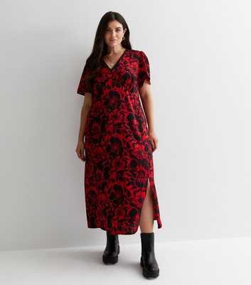 Curves Red Floral Satin Lace Trim Midaxi Dress