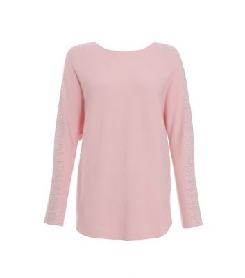 QUIZ Pink Knit Diamante Sleeve Jumper New Look