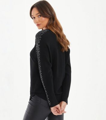 QUIZ Black Knit Diamante Sleeve Jumper New Look