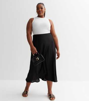 Curves Black Satin Midi Skirt