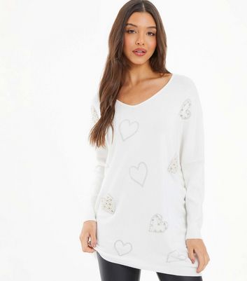 QUIZ Off White Heart Knit Oversized Jumper New Look