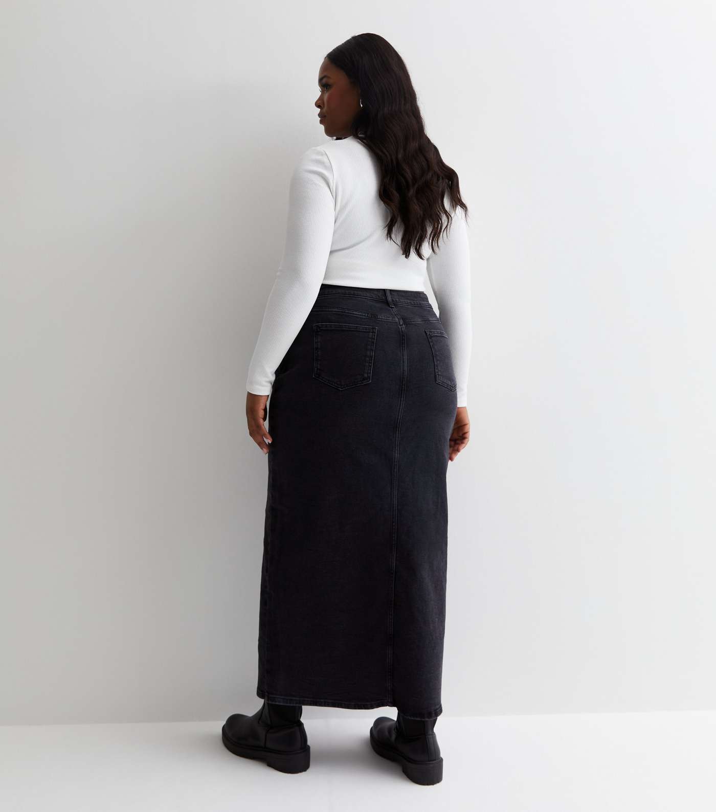 Curves Black Denim Split Hem Maxi Skirt Image 5