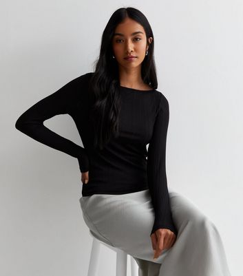 Black Ribbed Sheer Slash Neck Long Sleeve Top | New Look