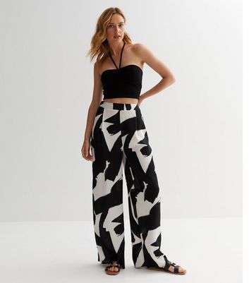 Black Abstract Print Satin Wide Leg Trousers | New Look