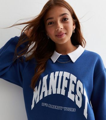 Girls Blue Manifest Logo Oversized Sweatshirt New Look