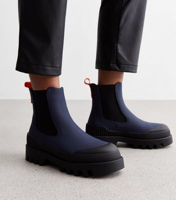 ONLY Navy Leather-Look Cleated Chelsea Boots New Look