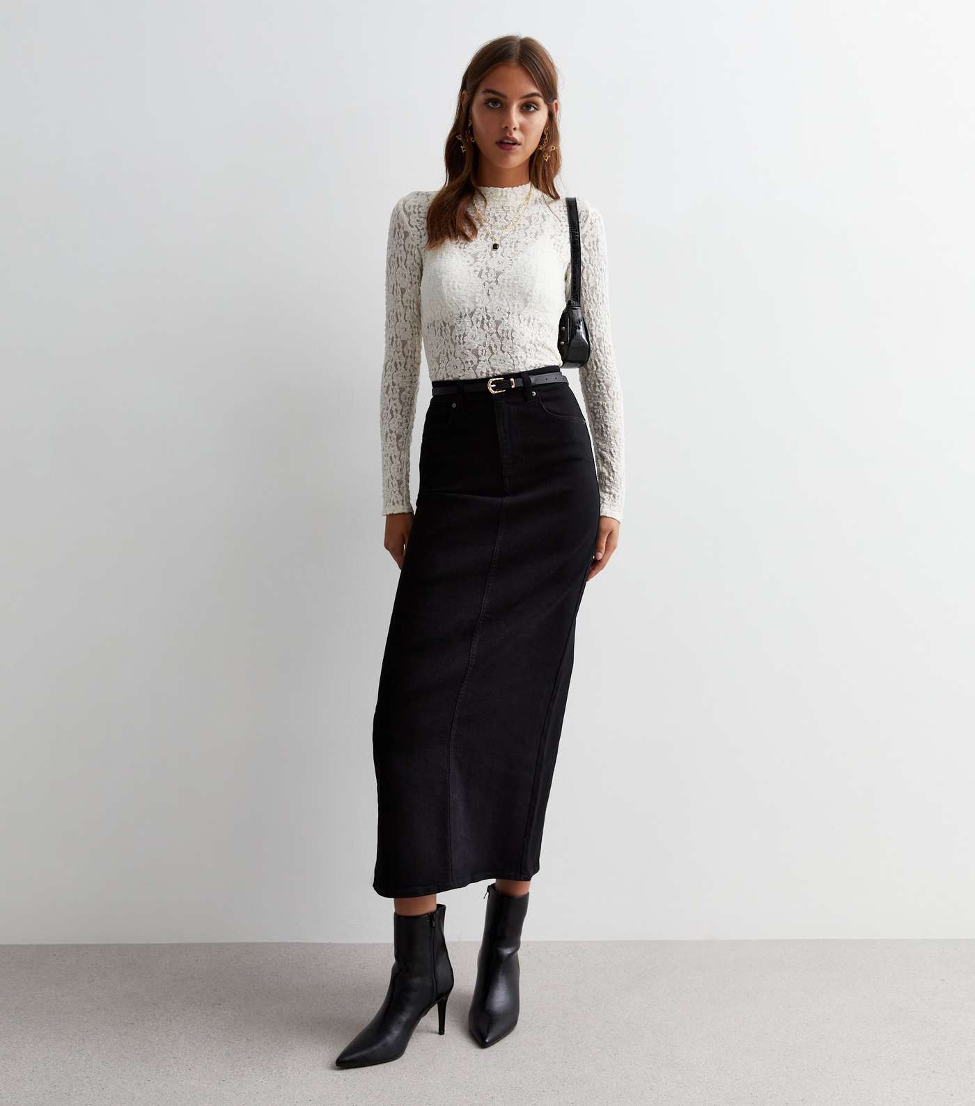 Black Split Hem Denim Midi Skirt Image 2