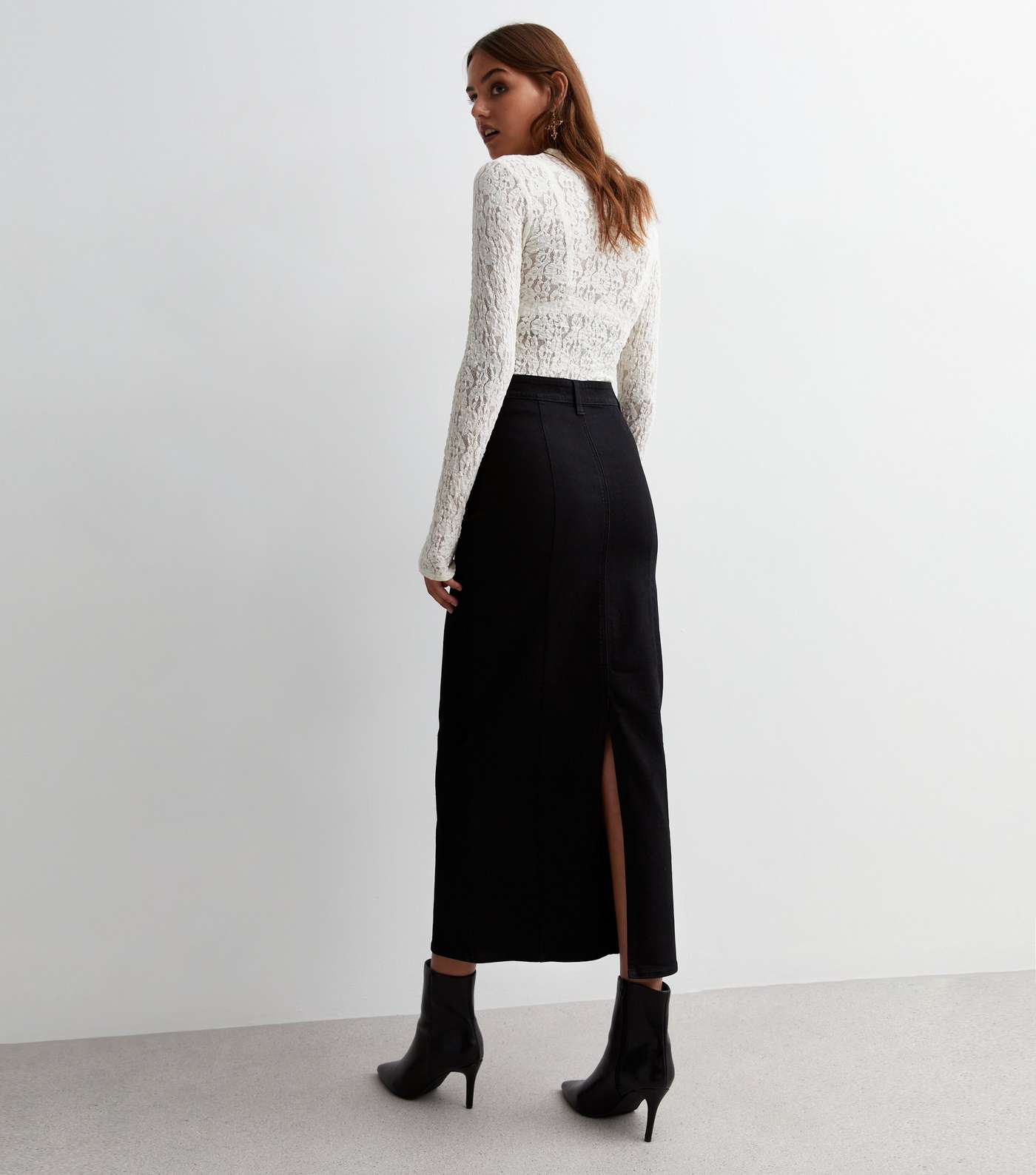 Black Split Hem Denim Midi Skirt Image 4