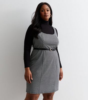 Curves Light Grey Check Belted Mini Pinafore Dress New Look