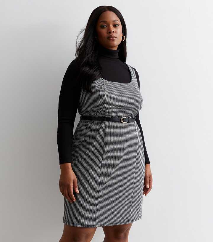 Curves Light Grey Check Belted Mini Pinafore Dress | New Look Curves Light Grey Check Belted Mini Pinafore Dress | New Look