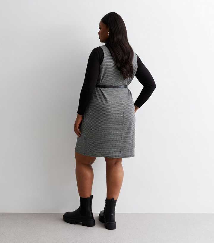 Curves Light Grey Check Belted Mini Pinafore Dress | New Look