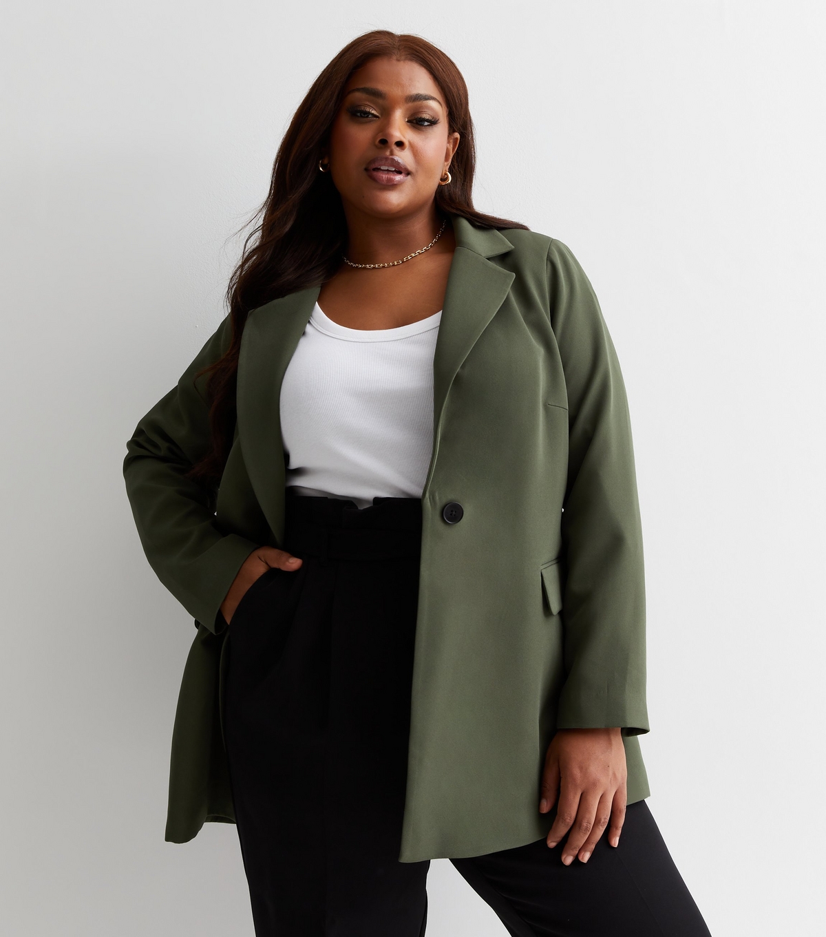 Women's Plus Size Khaki Long Sleeve Blazer Curves New Look