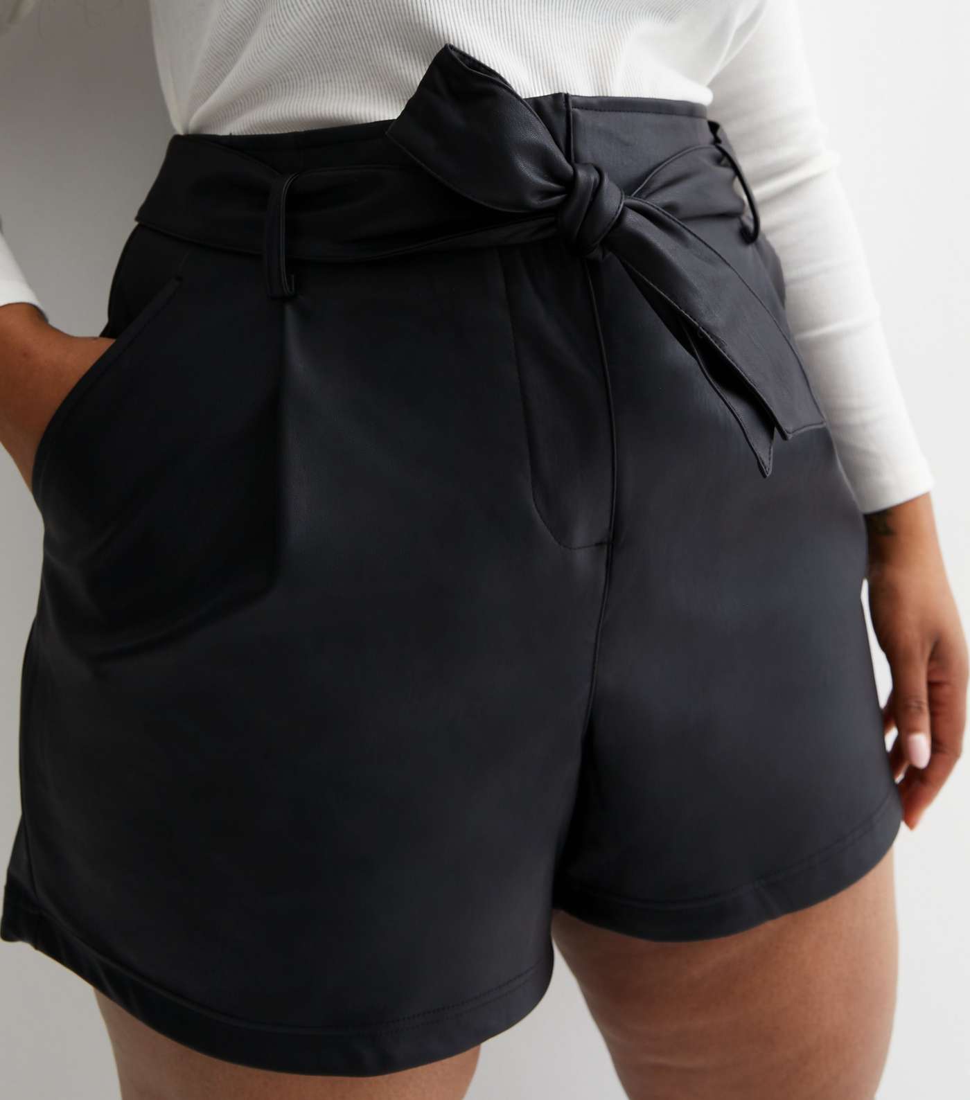 Curves Black Leather-Look Belted Shorts Image 2