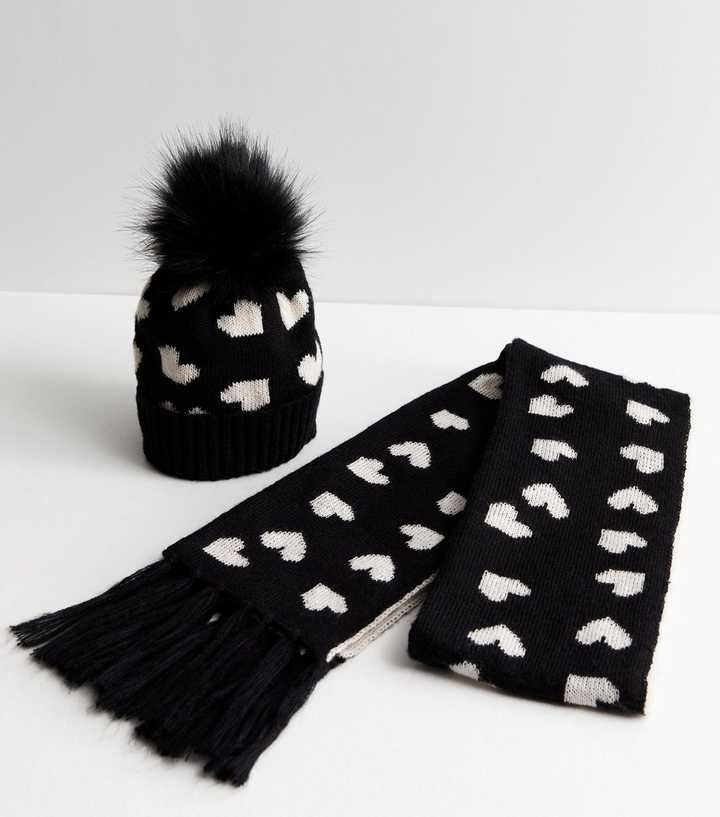 Petite Heart Black Ribbed Faux Fur Pom Pom Hat and Infinity Scarf