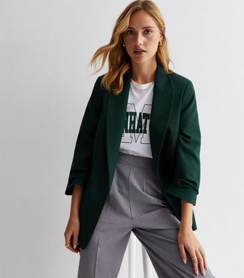 Dark Green Ruched Sleeve Oversized Blazer New Look