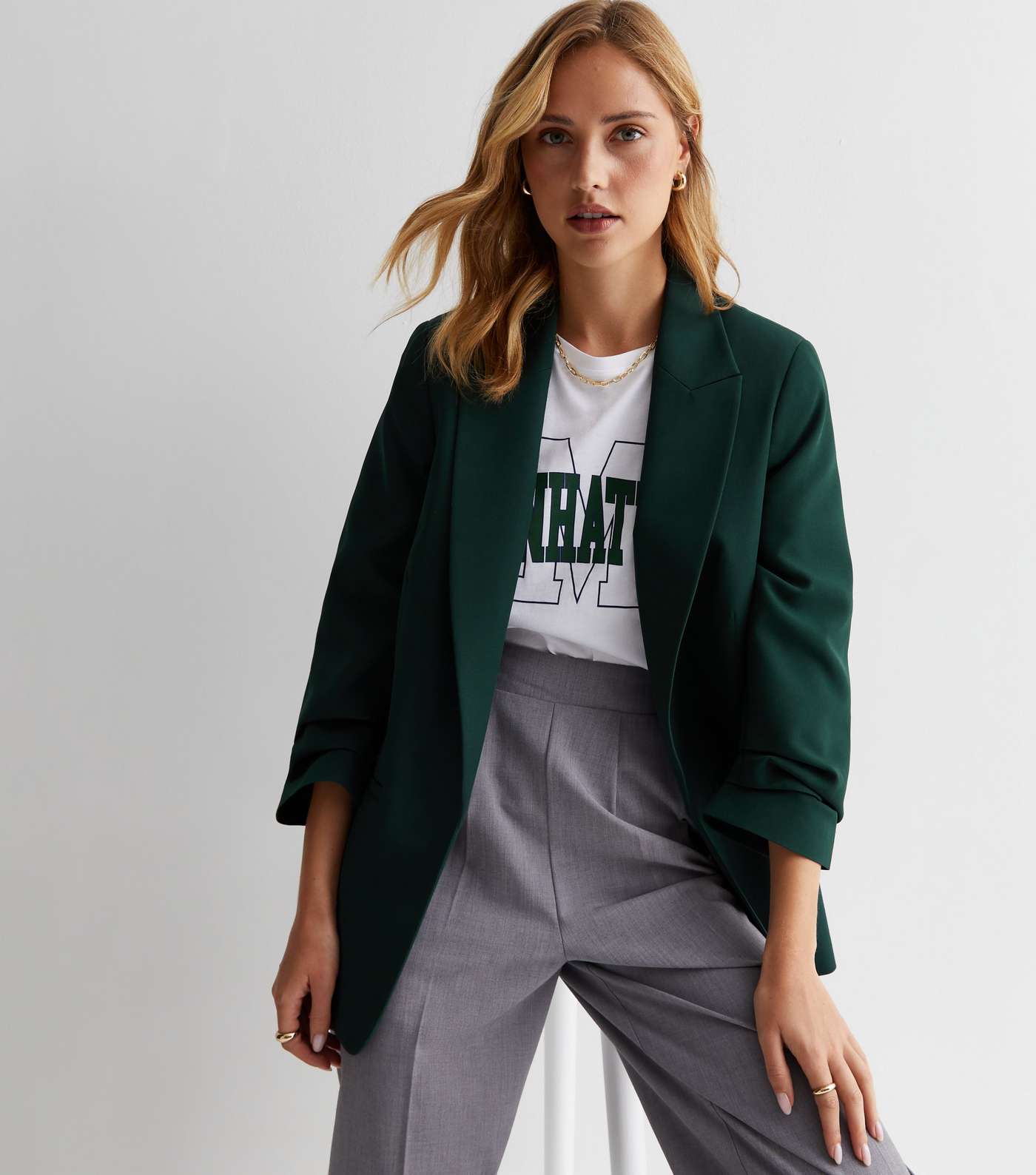 Dark Green Ruched Sleeve Oversized Blazer
