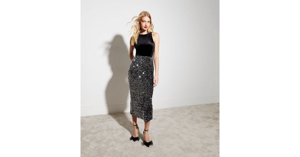 Silver Velvet Sequin Midaxi Skirt | New Look