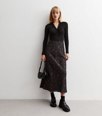 New look rose floral midi skirt in clearance black