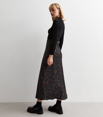 New look rose floral midi skirt in black best sale