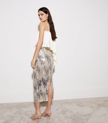 Gold Sequin Line Split Hem Midaxi Skirt New Look