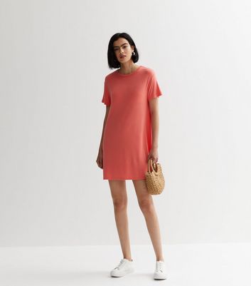 Coral Oversized Mini T-Shirt Dress New Look